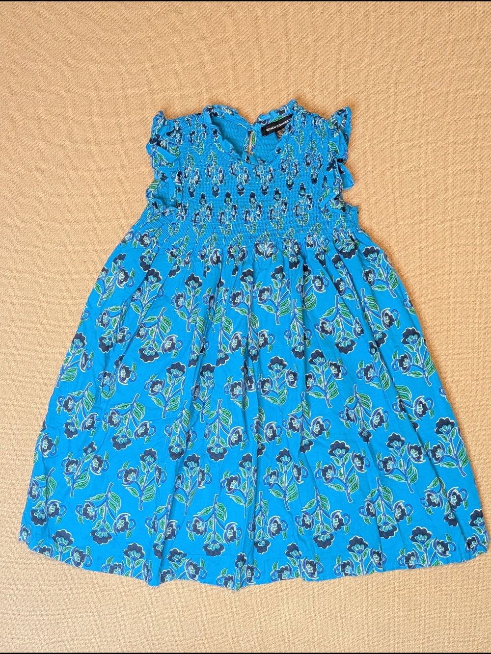 French Connection Girls Teal Blue Floral Patterned Cotton Smocked Dress